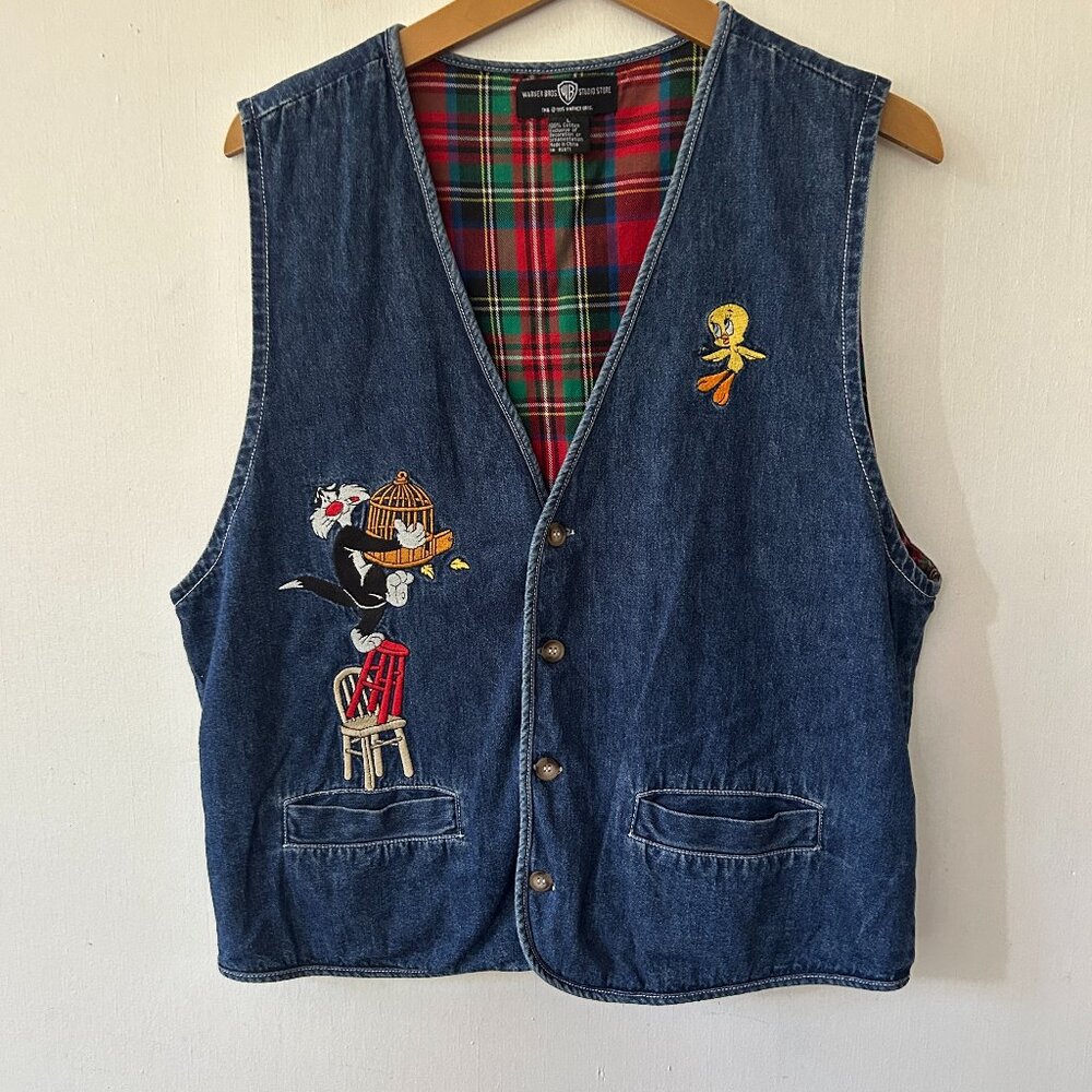 Warner Bros Looney Tunes Vest Womens Large Pockets Denim Vneck VTG